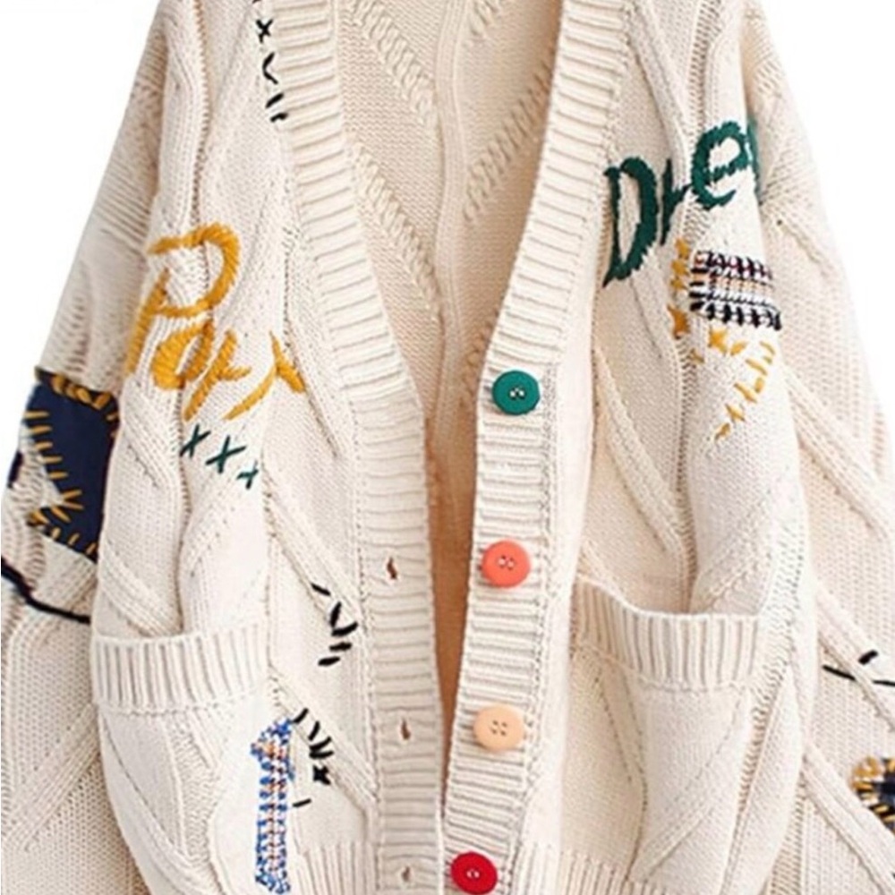 Cream Embroidered Button-Front Cardigan Sweater